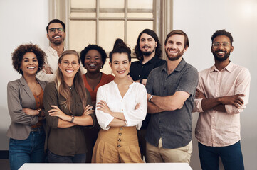 Happy, diverse and smiling startup entrepreneurs standing together showing teamwork goals. Contact...