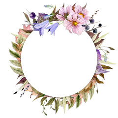Watercolor circle frame arrangement with hand drawn autumn flowers, branches and leaves. Isolated on white background. Design for invitations, wedding or greeting cards, wallpaper, print, textile