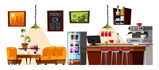 Cozy coffee shop interior cartoon illustration set. Modern restaurant, cafeteria or cafe interior with furniture, bar table or counter, coffee machine and menu hanging on wall. Design concept
