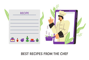 Recipe page design with chef cook character, flat vector illustration isolated.