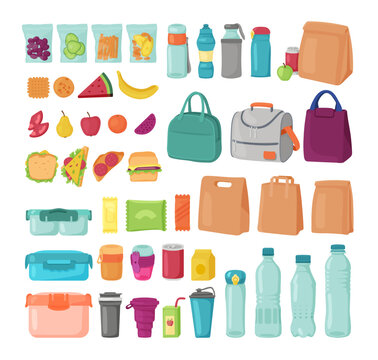Items for lunch at school or office vector illustrations set. Backpacks and bags, packed healthy meals for picnic or lunch boxes, juice, water bottles on white background. Lunch break, food concept