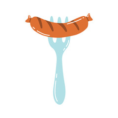 Bavarian sausage on a fork. Vector illustration. German snack. Sausage for beer.