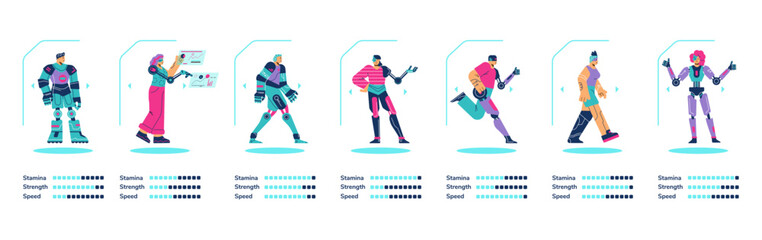 Diverse cyborgs abilities rates - flat vector illustration isolated on white.