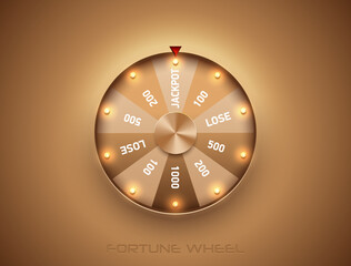 Luxury fortune wheel spin mashine. Cut frame, isolated on golden background. Casino banner design element or icon. Gold sector with led bulb light - 523999791