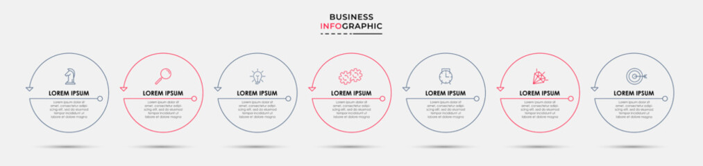 Business Infographic design template Vector with icons and 7 options or steps. Can be used for process diagram, presentations, workflow layout, banner, flow chart, info graph