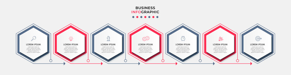 Business Infographic design template Vector with icons and 7 options or steps. Can be used for process diagram, presentations, workflow layout, banner, flow chart, info graph