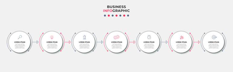 Business Infographic design template Vector with icons and 7 options or steps. Can be used for process diagram, presentations, workflow layout, banner, flow chart, info graph