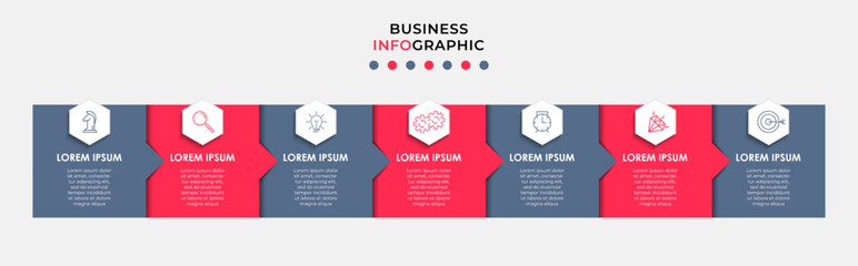 Business Infographic design template Vector with icons and 7 options or steps. Can be used for process diagram, presentations, workflow layout, banner, flow chart, info graph