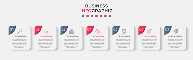 Business Infographic design template Vector with icons and 7 options or steps. Can be used for process diagram, presentations, workflow layout, banner, flow chart, info graph