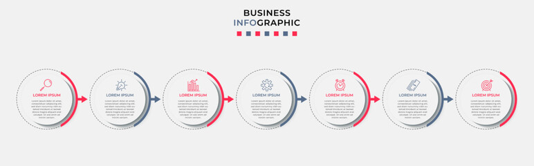 Business Infographic design template Vector with icons and 7 options or steps. Can be used for process diagram, presentations, workflow layout, banner, flow chart, info graph