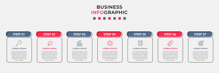 Business Infographic design template Vector with icons and 7 options or steps. Can be used for process diagram, presentations, workflow layout, banner, flow chart, info graph