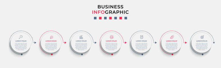 Business Infographic design template Vector with icons and 7 options or steps. Can be used for process diagram, presentations, workflow layout, banner, flow chart, info graph