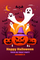 Halloween celebration poster, Jack lanterns, grave, witch hat, black cat spooky pumpkins, bats, cute ghosts, witch broom, spider web and zombie's hand. Autumn seasonal holiday editable and traced text
