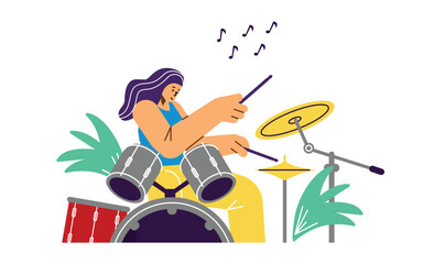 Smiling woman drummer character playing music flat style, vector illustration