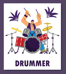 Poster with playing drummer musician flat style, vector illustration