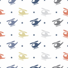 Retro kids seamless pattern with helicopters and stars. White background. Baby pattern.