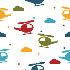 Retro kids seamless pattern with colorful helicopters, clouds and stars. White background. Baby pattern.