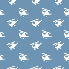Retro kids seamless pattern with helicopters. Blue background. Baby pattern.