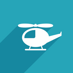 Helicopter vector. White flat icon on blue background.