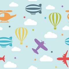 Seamless vector bright pattern for kids. Cartoon transport.