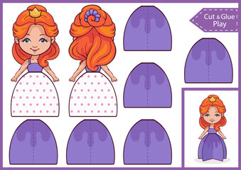Kids craft template 3d a paper doll princess. Ornament for birthday party. DIY papercraft project. Worksheet for and activity page. Education children game. Vector illustration.