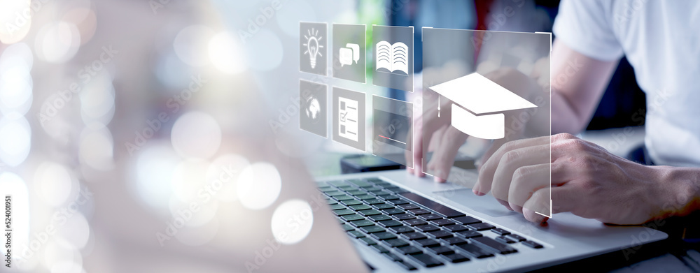 Aufkleber concept of online education. man use online education training and e-learning webinar on internet fo