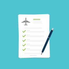 Flight insurance document. Airlines risk safety assurance agreement, checklist. Airplane travel coverage protection.