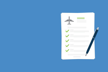 Flight insurance document. Airlines risk safety assurance agreement, checklist. Airplane travel coverage protection.