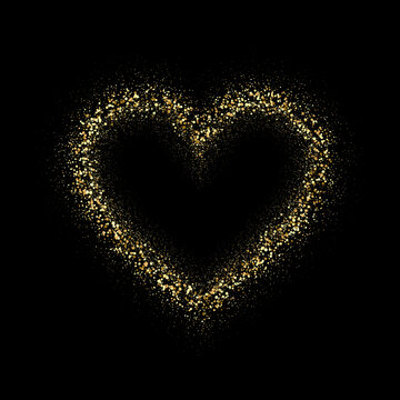Gold glitter heart frame .Vector gold dust isolated on black background. Template for valentines and mothers day cards, wedding invitations, holiday posters and flyers.