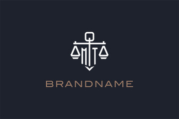 Initials MT logo for law firm with shield and scales of justice modern style - obrazy, fototapety, plakaty
