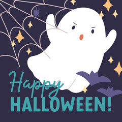 Happy Halloween card design with cute funny evil ghost, web, bats. Baby boo character, spirit on Helloween holiday postcard template for childish October party. Kids flat vector illustration