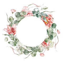 Fototapeta premium Watercolor floral frame. Tulip, peony, rose, lily, hydrangea, collection garden pink flowers, green leaves, branches, Botanic illustration isolated on white background for wedding design.