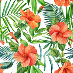 Hibiscus Flowers and palm leaves, seamless pattern tropical plants watercolor illustration, jungle design