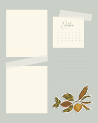 Calendar October 2022 template collage vintage for notes reminder to do list scrapbooking sticker with autumn leaves.