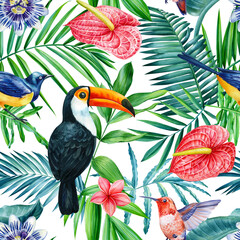 Toucan and parrot, green palm leaves watercolor illustration, botanical painting, Tropical bird seamless pattern 