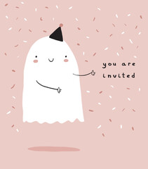 Halloween Party Invitation. White Hand Drawn Happy Ghost in a Black Party Hat and Falling Confetti on a Pastel Pink Background. Cool Kawaii Style Halloween Vector Illustration ideal for Card. 