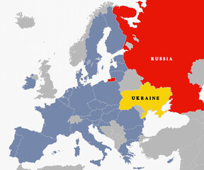 A political map of the European union in the year 2022 (member states in light blue), with Ukraine (in yellow) and Russia (in red).
