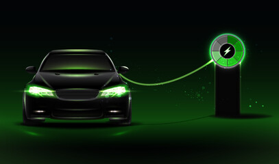Fototapeta na wymiar 3d realistic vector icon. Hybrid car on charging station.