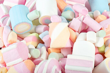 Texture of multi-colored sweet marshmallows. Marshmallows candy for background.