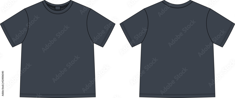 Poster apparel technical sketch unisex t shirt. black color. t-shirt design template. front and back views. - Posters