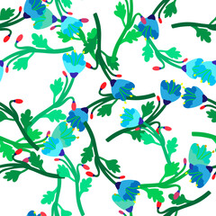 Vintage botanical flower seamless pattern. Naive art. Strange floral wallpaper.