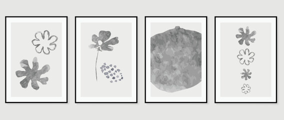 Set of abstract wall art vector. Design with flower, wildflowers, floral, monochrome, black, white, grey color. Watercolor painting for wall decoration, interior, prints, cover, and postcard.