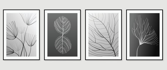 Set of abstract wall art vector. Design with leaves, foliage, line art, leaf lines, monochrome, black, white color. Botanical painting for wall decoration, interior, prints, cover, and postcard.