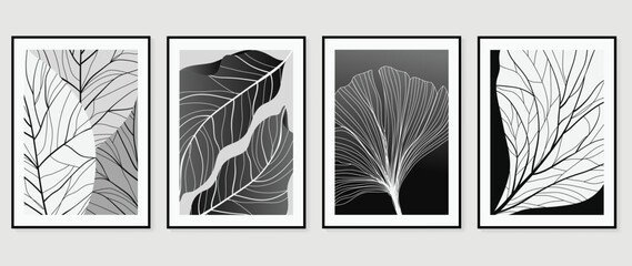 Set of abstract wall art vector. Design with ginkgo, foliage, line art, leaf lines, monochrome, black, white color. Botanical painting for wall decoration, interior, prints, cover, and postcard.