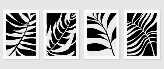 Set of abstract wall art vector. Design with leaf branch, leaves, foliage, plants, monochrome, black, white color. Botanical painting for wall decoration, interior, prints, cover, and postcard.