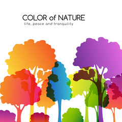 Rainbow season forest. Vector illustration of colorful trees. Bright decoration concept of landscape, park, wild nature or season forest.