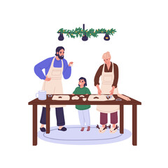 Family cooking together. Mother, father, child baking Christmas gingerbread behind kitchen table. Parents and kid making Xmas cookies. Flat graphic vector illustration isolated on white background