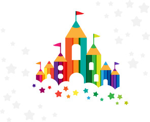 Kids castle from colorful pencils. Childhood fantasy fort with rainbow towers. Decoration element for design kids club, preschool room or kindergarten