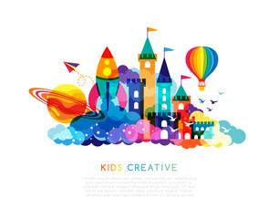 Kids imagination castle. Colorful childhood fantasy fort with rainbow towers, rocket, clouds, planet elements. Vector decoration element for design kids club, preschool room or kindergarten © KsanaGraphica