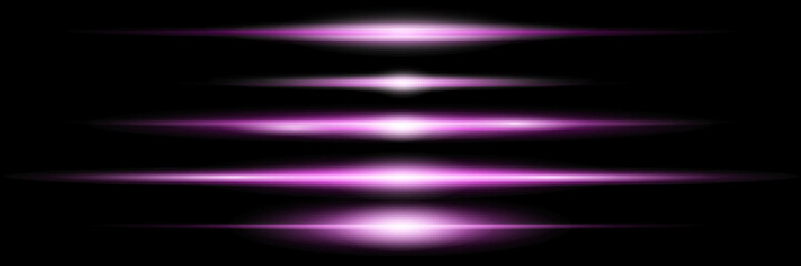 Purple horizontal lens flares pack. Glowing purple, pink light effects isolated on transparent background. Laser beams, light rays. Set of abstract lens flares, glowing stars and sparkles. Vector.